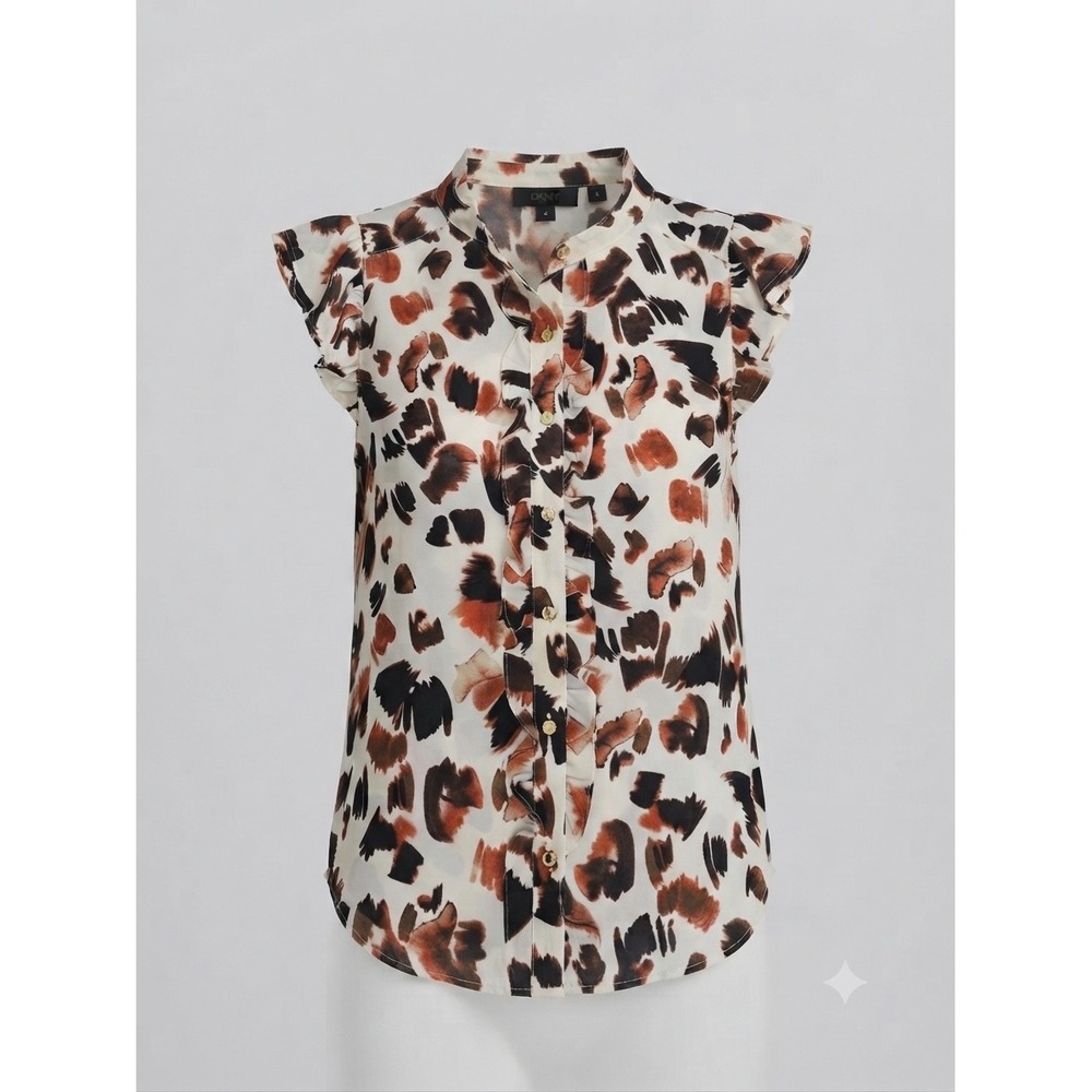 DKNY Womens Abstract Animal Print Ruffle Button Front Sleeveless Blouse Large